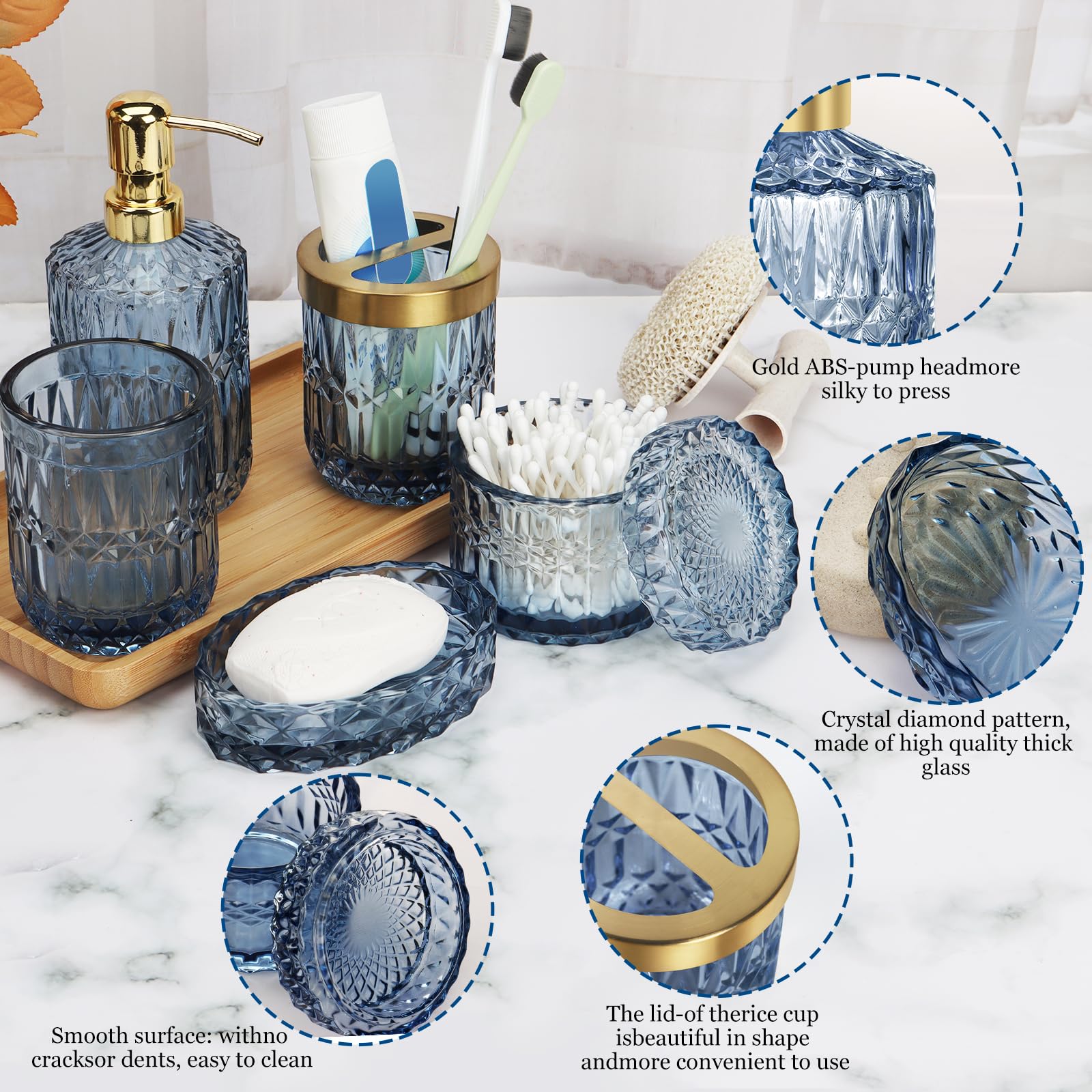 Conjunto De 5 Accesorios De Baño En Azul Oscuro - Jabonera, Dispensador, Escobilla, Vaso Y Soporte Para Cepillos