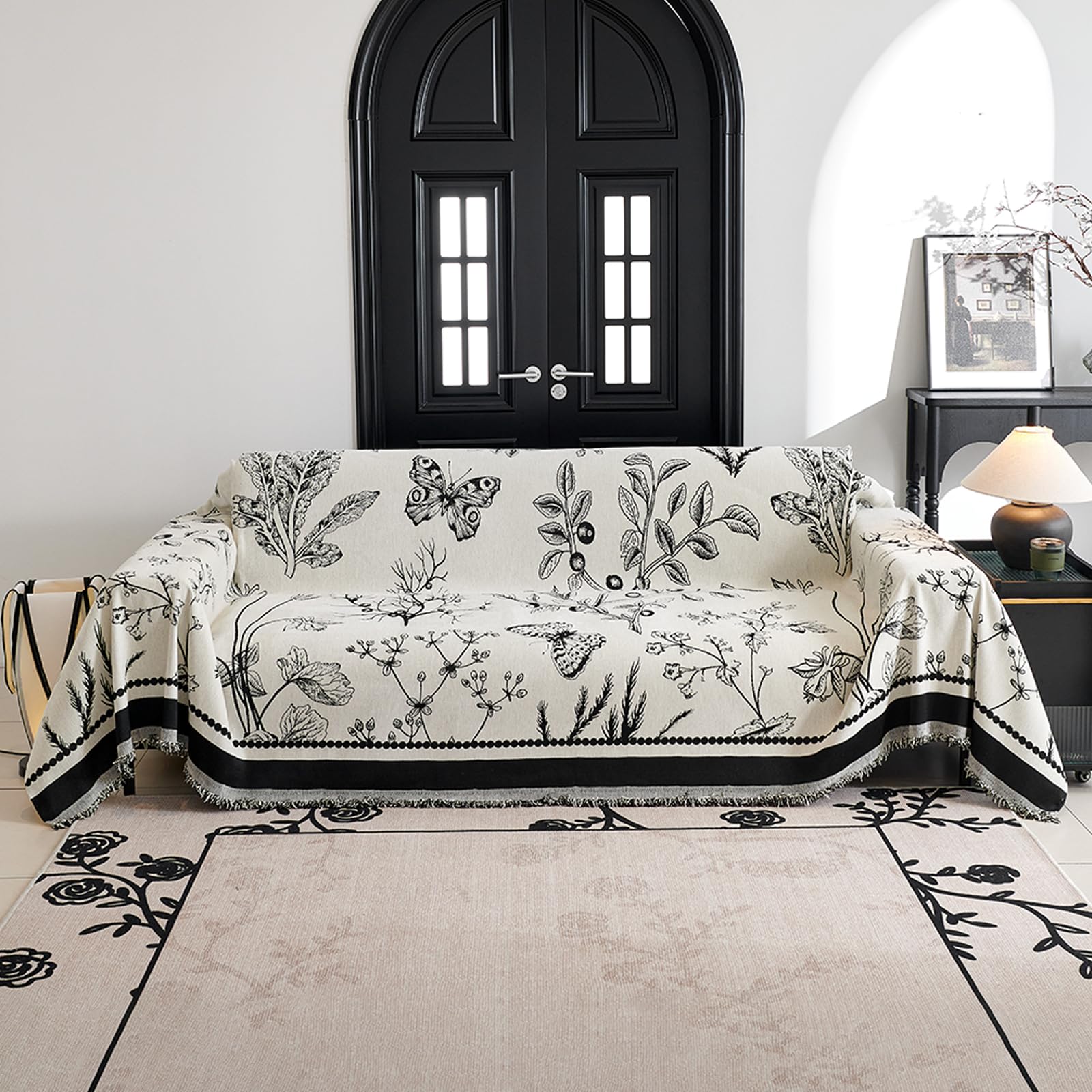 Vanderhome Black Soft Throws, Chenille Sofa Throw Blanket With Tassels, Multi-Purpose Blanket, Jacquard Patterned Settees Throw For Sofa, Armchair Beds 180 * 230Cm