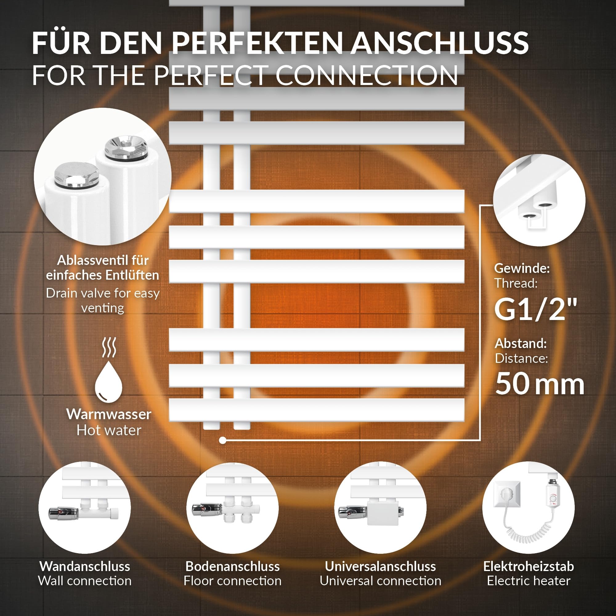 LuxeBath Radiador Eléctrico Iron EM 500 x 1400 mm Blanco, Estufa Toallera Vertical con Elemento Calefactor 1200W Termostato de Pantalla Digital, Calentador de Pared de Diseño Moderno para Baño