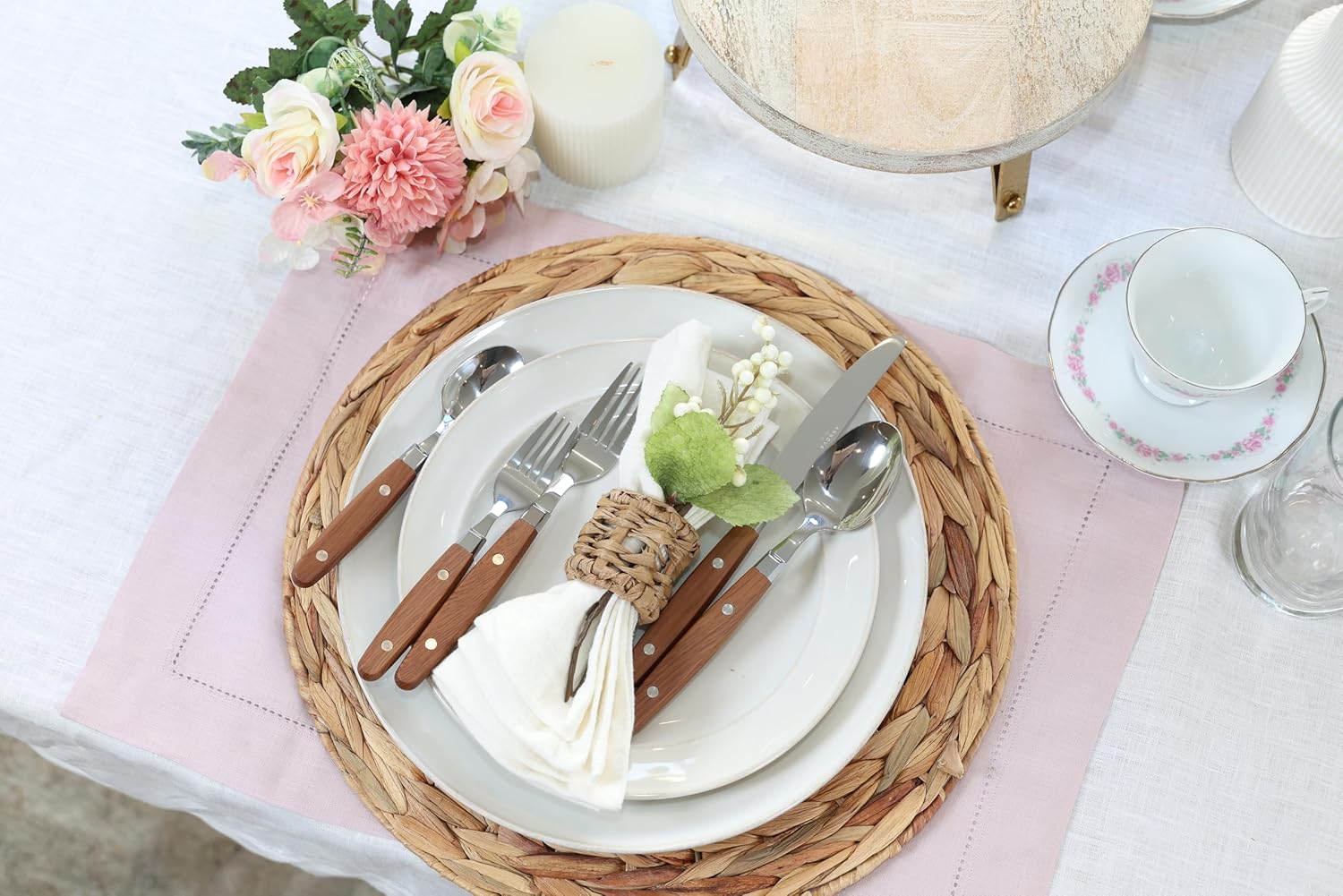 ANNOVA Silverware Set, Retro/Rivet Colorful Stainless Steel Tableware Kitchen Flatware Set Utensils, Includes Dinner Knives, Forks, Spoons, Salad Forks & Dessert Spoons (Wood, 20 Pieces)