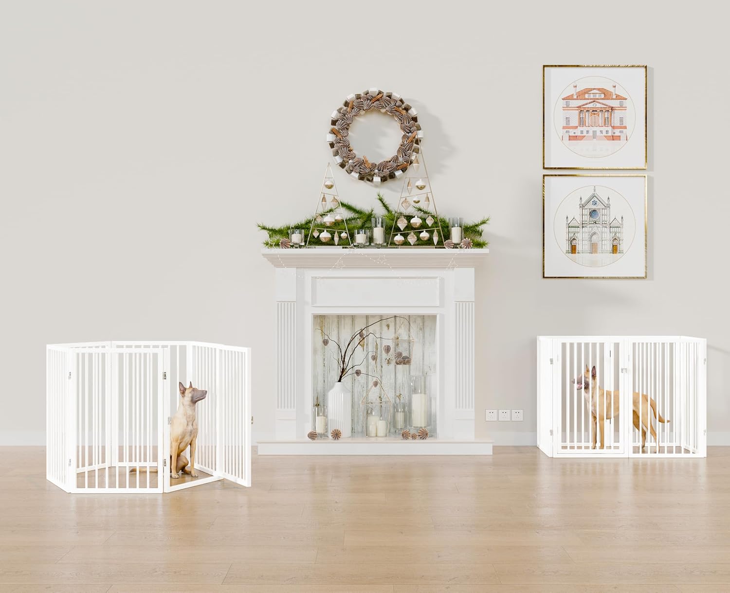 Vantas Folding No-Assembly Metal Pet Gate 120" Wide, 24" Extra Tall Dog Gate with Door Walk Through, Freestanding Accordion Puppy Gate Dog Door for Indoor & Outdoor, with 2PCS Support - White