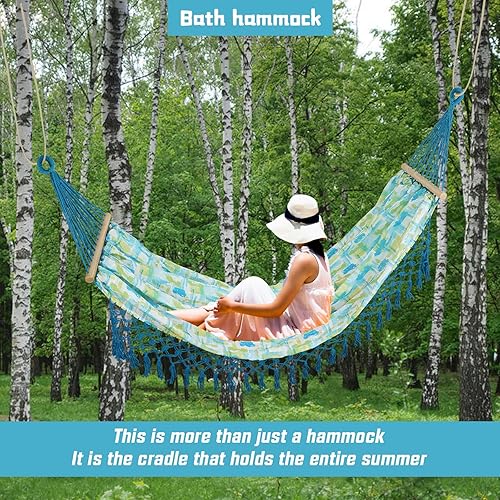 Miniatura 4 de LNWQSQR Hermosa hamaca de estilo bohemio, hamaca portátil para 2 personas, adecuada para mochileros, patio, playa, patio trasero, al aire libre,