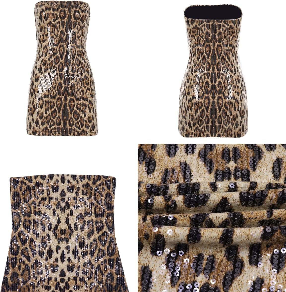 Women's Glitter Sequin Leopard Print Strapless Mini Dress Sexy Off Shoulder Sleeveless Bodycon for Party Night Club - Image 7