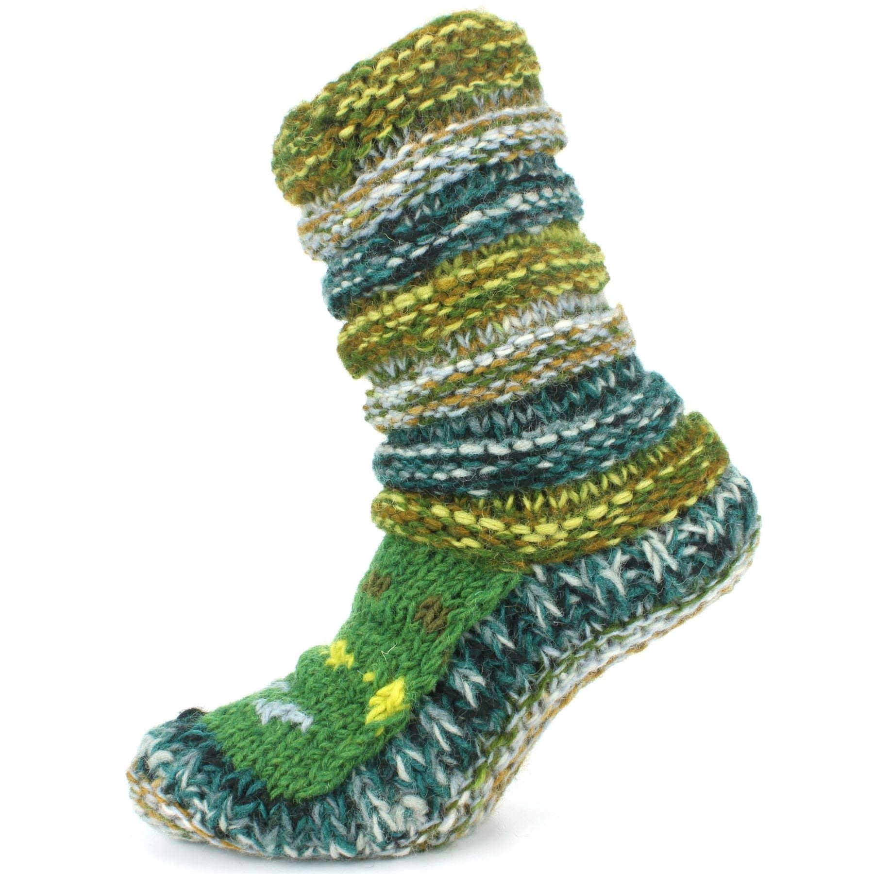 LOUDelephant Chunky Wool Knit Abstract Pattern Slipper Socks - Green