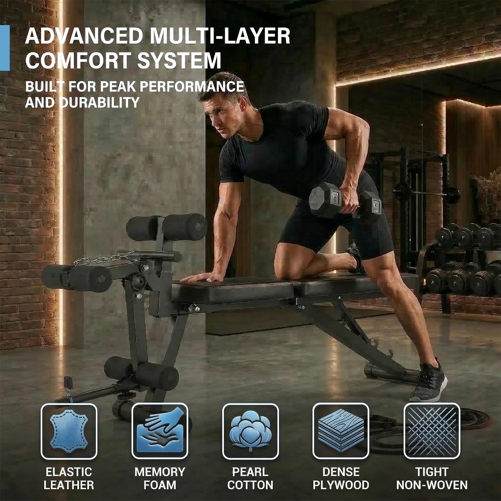 Banco Musculación Plegable para Casa, 200KG Banco de Pesas Ajustable con Extensión de Piernas, Máquina Multifunción Musculación para Gimnasio en Casa