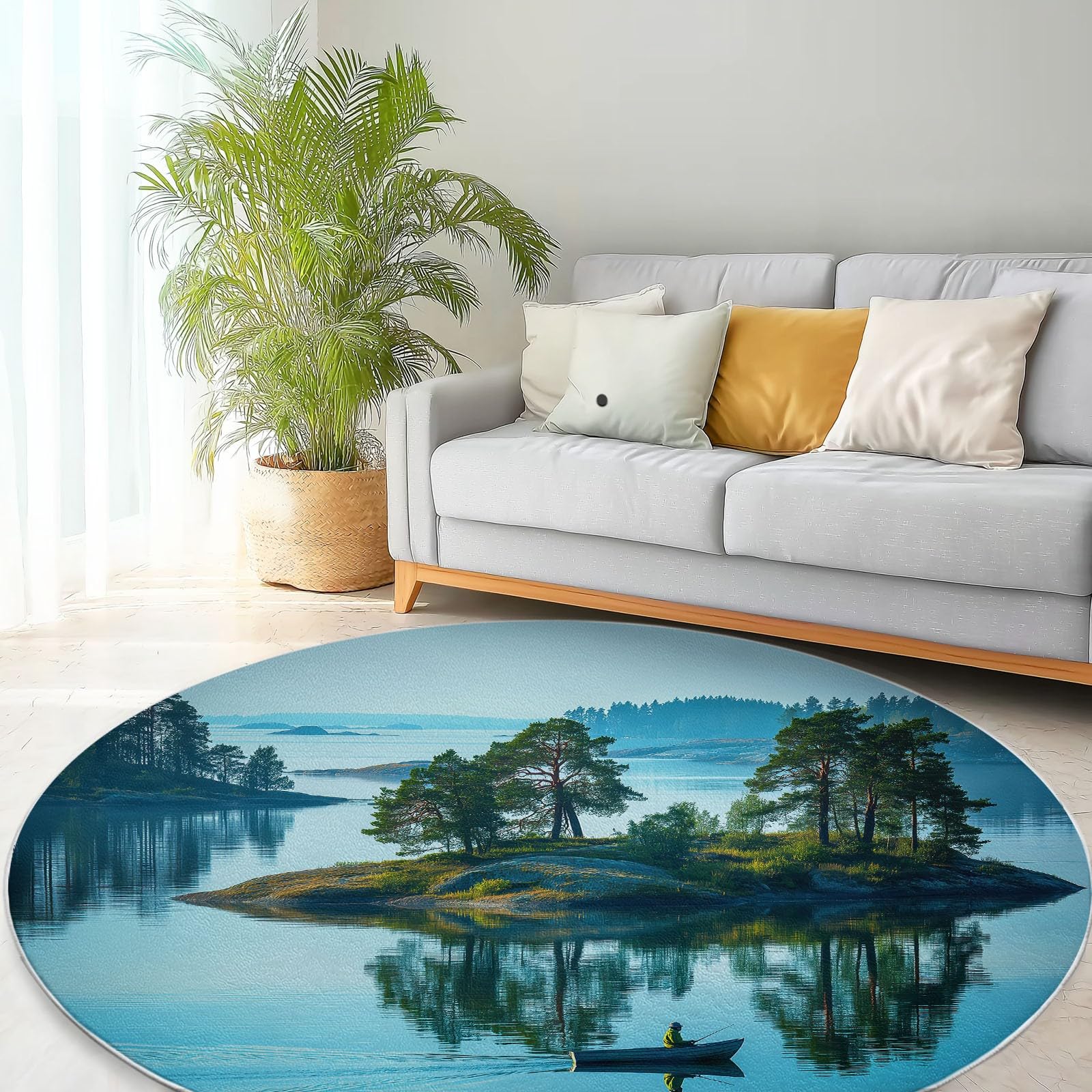 Pescador en una isla aislada alfombra de salón redonda 120 cm alfombra interior, paisaje natural, alfombra antideslizante suave y esponjosa para comedor, dormitorio, sofá o sala de juegos, habitación