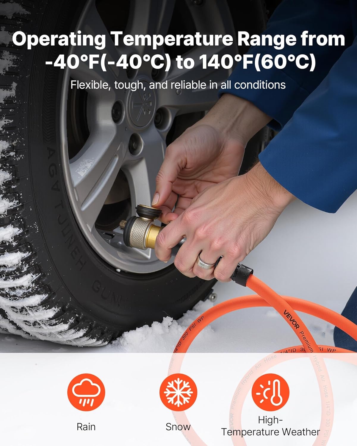 VEVOR Air Hose, 1/2" x 100FT Hybrid Air Compressor Hose, 300 PSI Kink-Resistant Pneumatic Hoses with 1/2-inch Solid MNPT Bras Fittings, Three-Layer Construction, All-Weather Flexibility