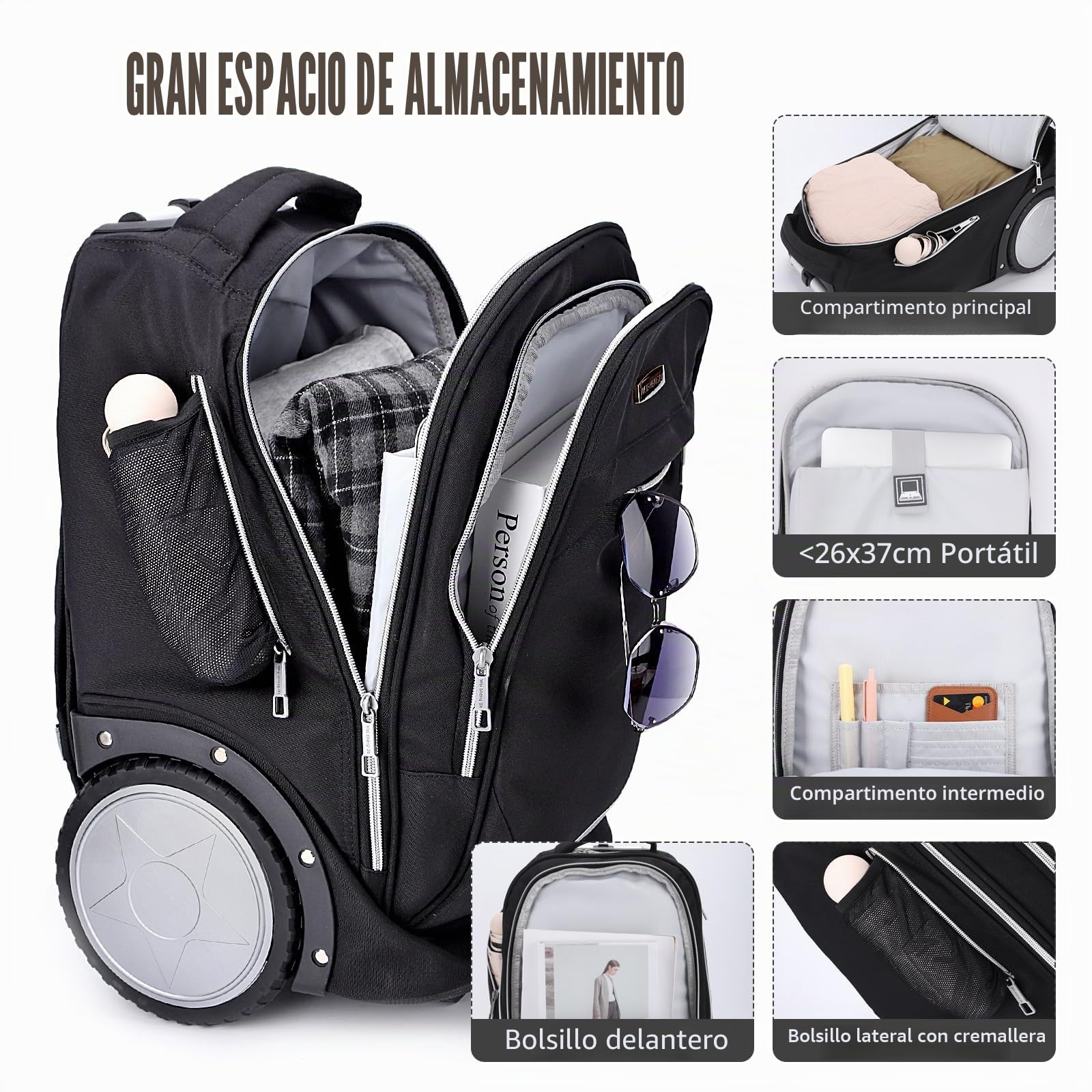 Hivexagon Mochila con Ruedas, Mochila rodante con Ruedas de 7 Pulgadas – Mango telescópico Reforzado, Compartimento para Laptop, Ideal para Negocios y Viajes – Negra