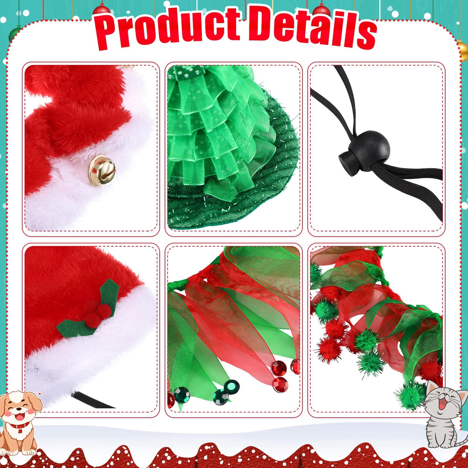 16 piezas de disfraz de Navidad para gatos, sombreros de Papá Noel y collar con cascabeles para mascotas, perros pequeños y gatos, collar tutú y sombrero verde brillante, traje de Navidad