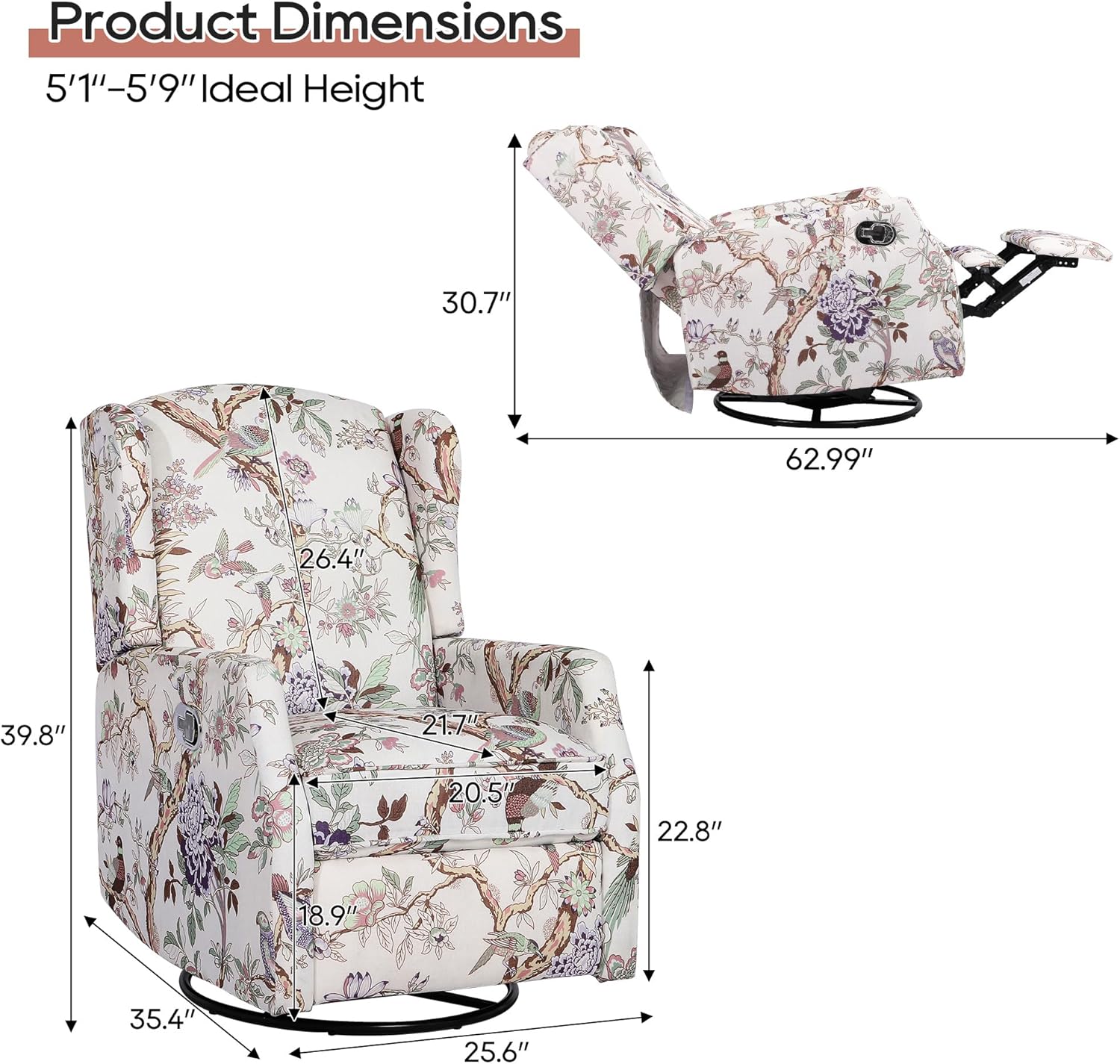 Floral Patterned Wingback Swivel Rocker Recliner Set