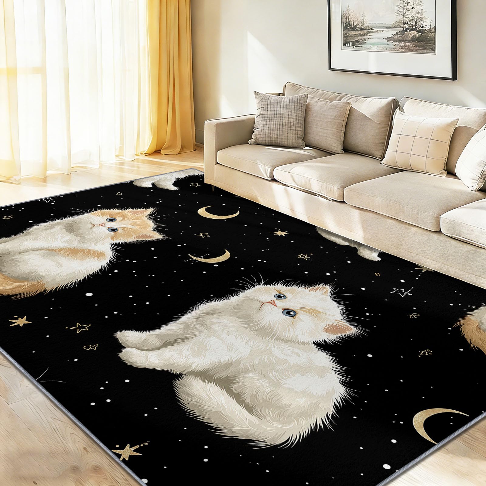 Tappeto per bambini con gatto mistico e stelle, antiscivolo, nero, lavabile, 160 x 230 cm