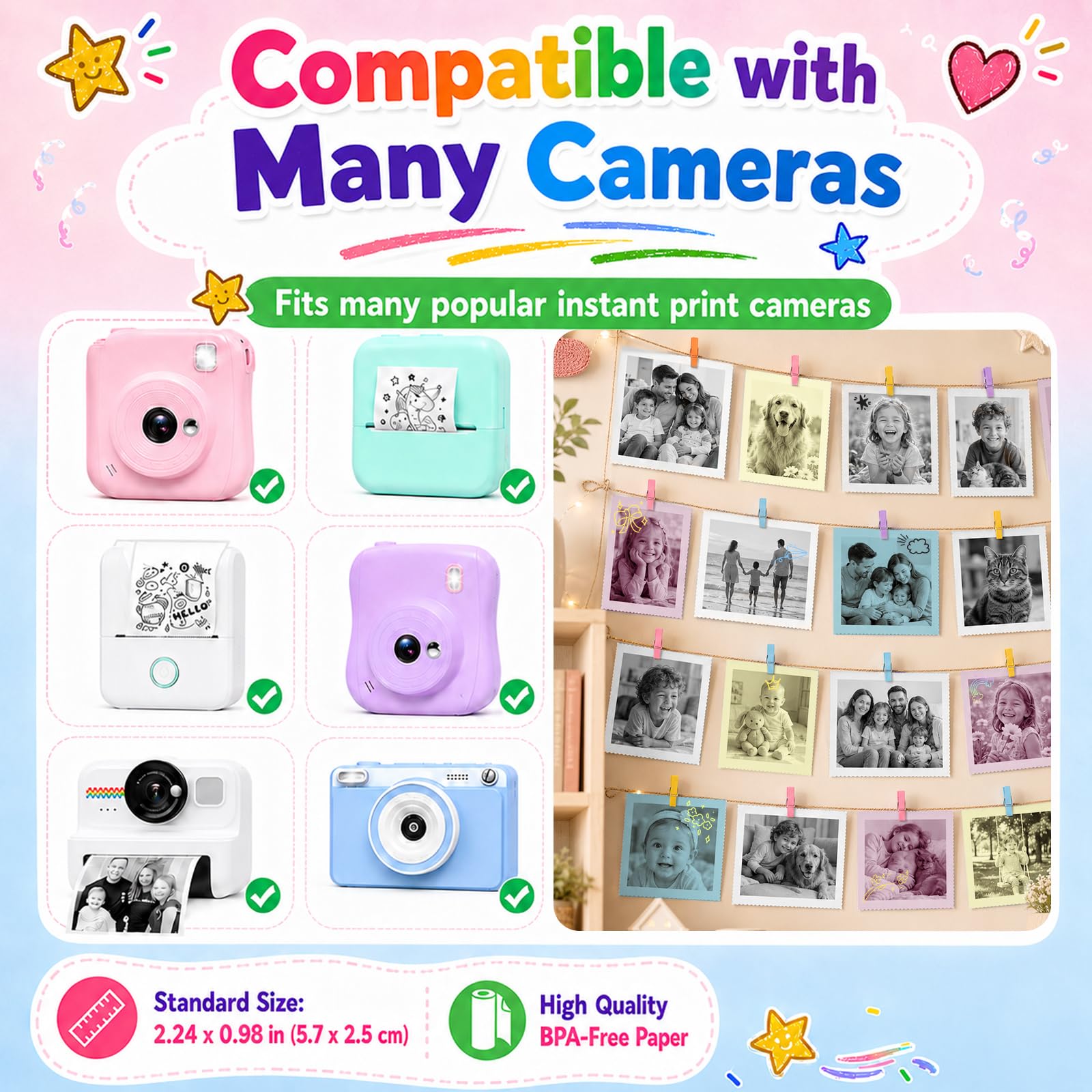 23 Rollos Papel Térmico para Cámara Infantil, 20 Blancos + 3 Colores (Rosa, Azul, Amarillo), Rollo Papel Cámara Fotos Infantil Instantánea, Fácil de Recargar, 5.7 x 2.5 cm