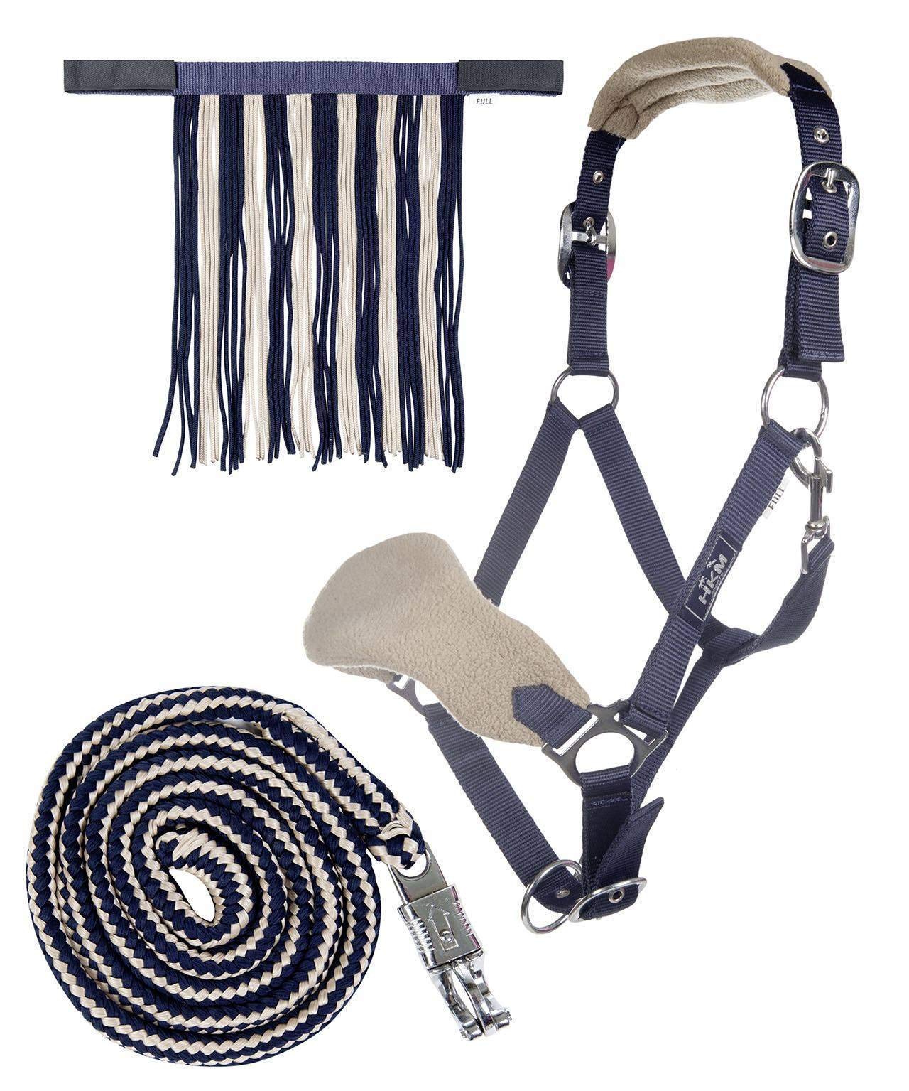 HKM 10734 Halter Set, Halter Fly Fringe Knitted 180 cm Panic Hook, Dark Blue/Beige, Crossbred