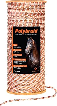 Electric Fence Polybraid 1000ft Thickness 1/4" - Premium Heavy Duty Braided Polyrope - High Visible Rope Fencing for Horse, Cattle, Livestock - 6 Wire Conductors 2X Cooper and 4X Stainless Steel