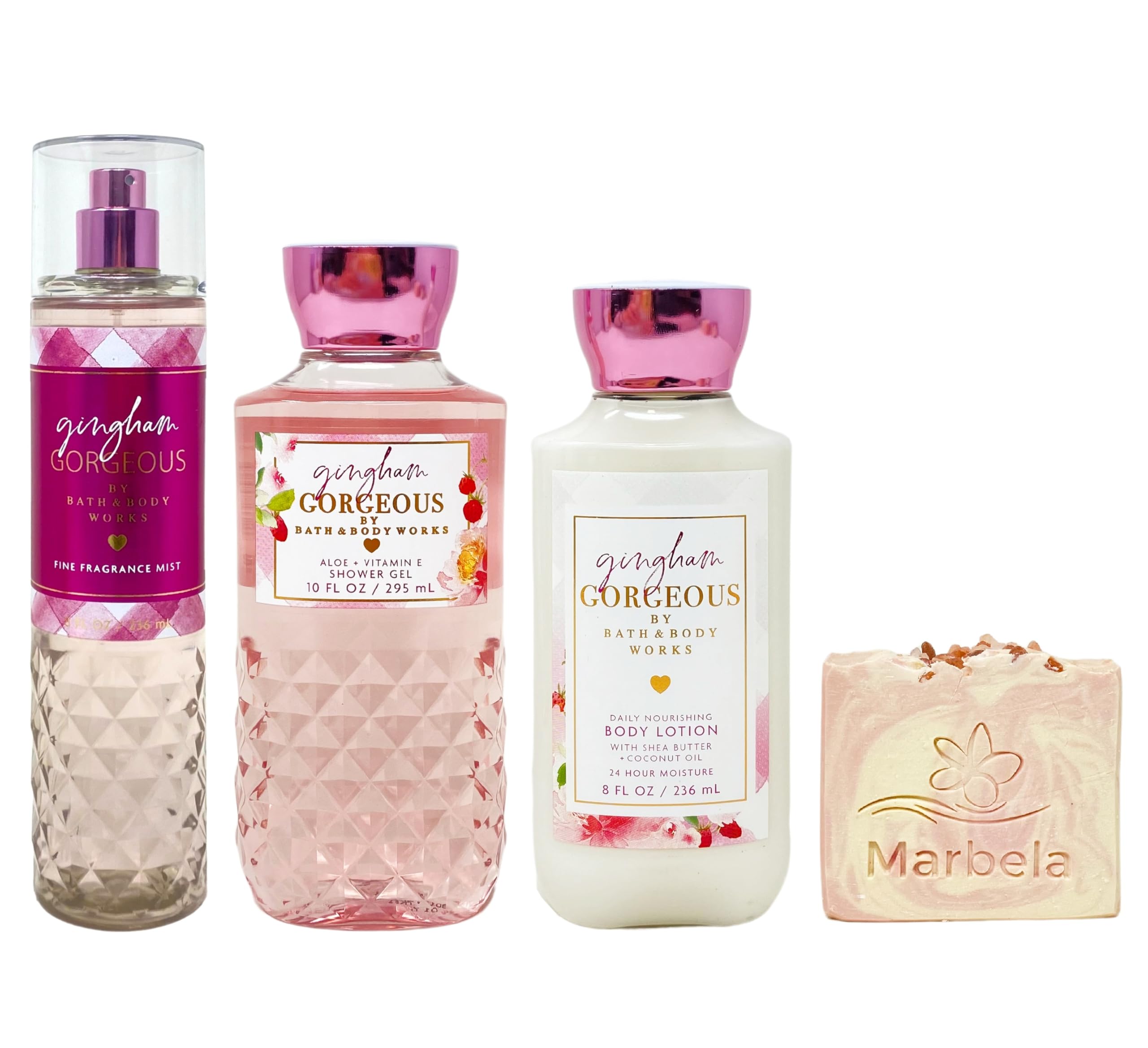 Bath & Body Works Gingham Gorgeous Trio Gift Set - Fragrance Mist, Body Wash and Body Lotion - with a Himalayan Salts Springs Bar Soap