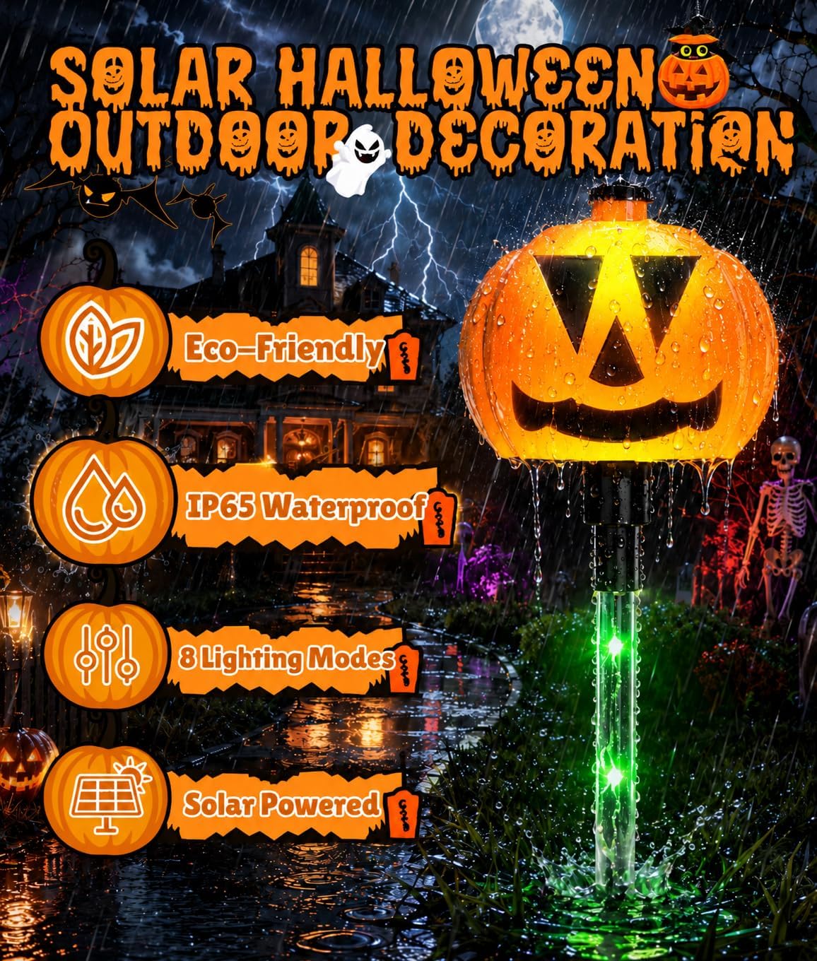 12 Pack Halloween Outdoor Decorations Solar Pathway Stake Pumpkin Lights image 3