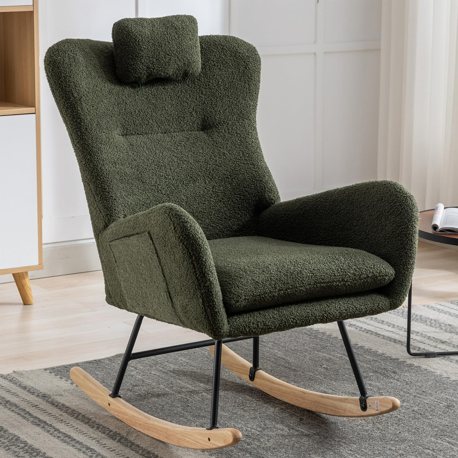 Nursery Rocking Chairs, Teddy Bear Fabric Nursing Rocking Chair for Mom and Baby, Modern Accent Glider Rocker Chair with Headrest Pillow (Dark Green)