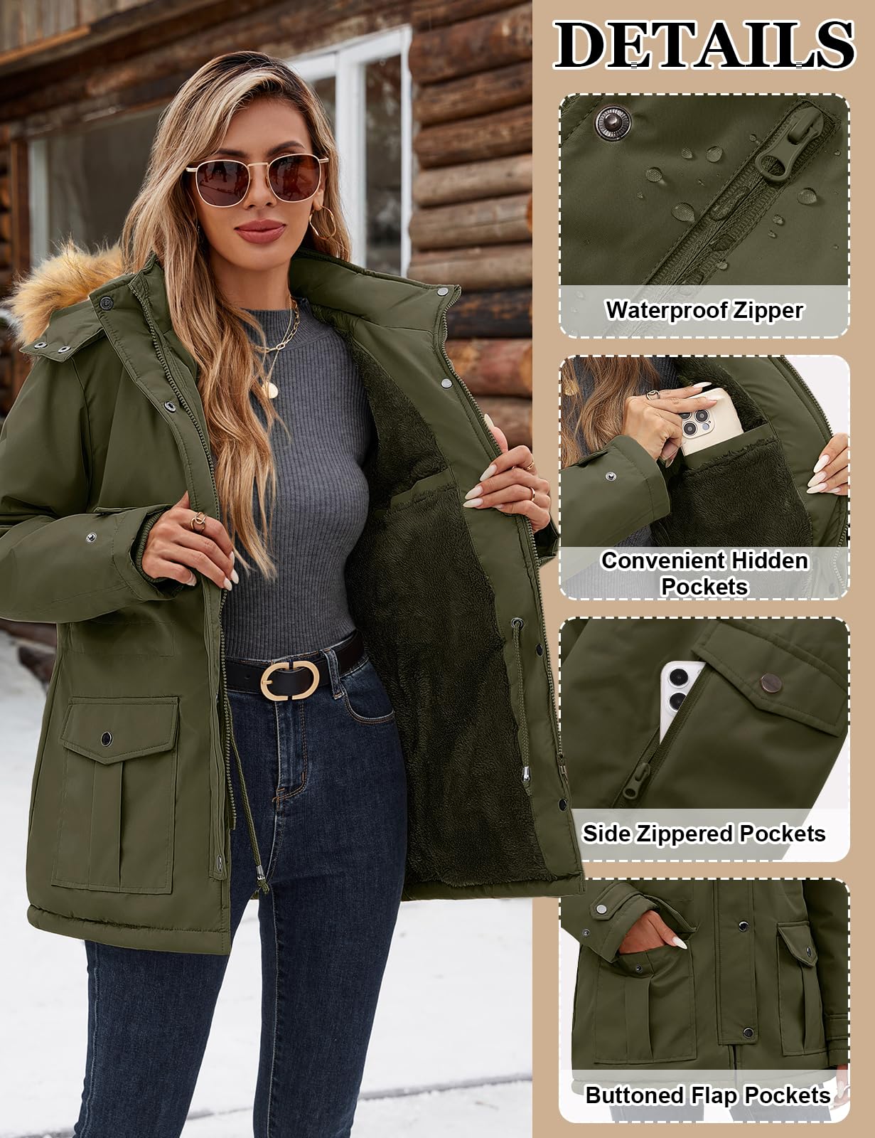 TOMEEK Damen Winterjacke Winter Wintermantel Warm Jacke Gefüttert Mantel Parka Damen-mäntel mit Kapuze Teddyfell Winterparka Skijacke Kurzmantel Outdoor Elegant Fleecejacke