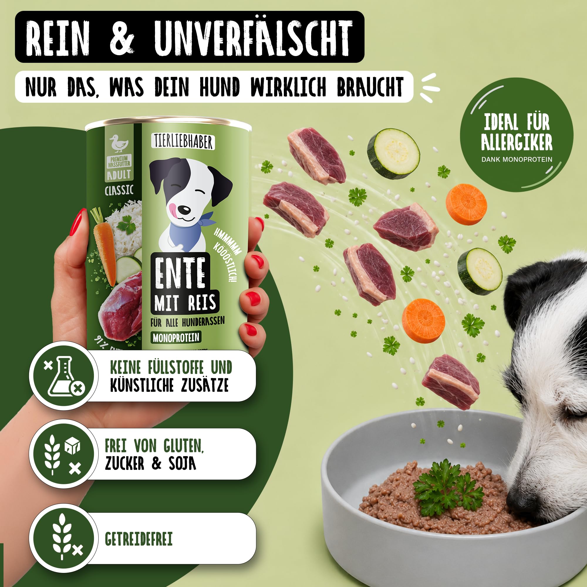 Hundefutter Nass 800g Ente & Reis – Hunde Nassfutter 12x800g Dog Food | Tierärztlich entwickeltes Nassfutter für Hunde mit 91% Fleischanteil – Hunde Futter leicht verdaulich von TIERLIEBHABER