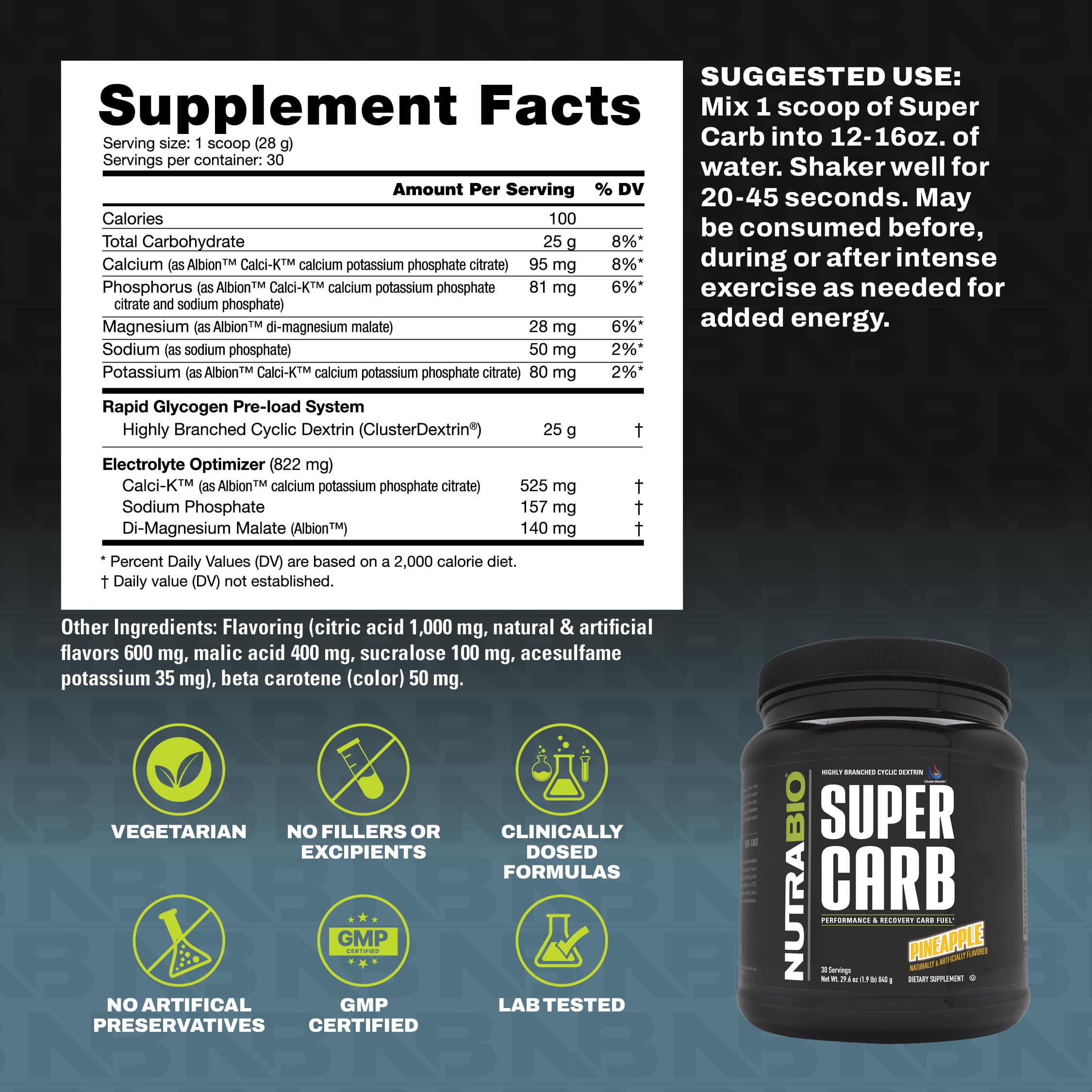 NutraBio Super Carb, Carbohydrate Powder with Cluster Dextrin & Electrolytes, Advanced Carb Supplement Powder for Workout Fuel, Performance, and Muscle Recovery, Cyclic Dextrin, Pineapple, 30 Sv — Amazon image 3