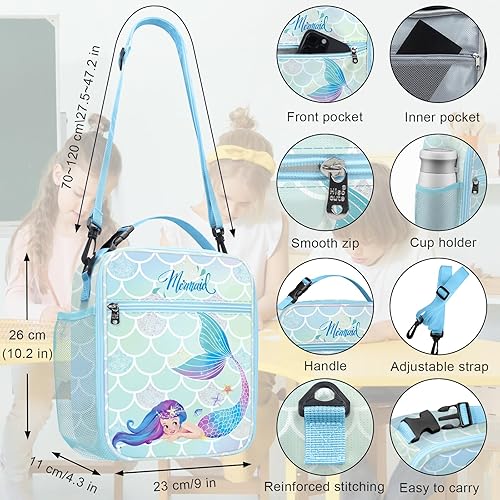 Miniatura 4 de Clastyle Lonchera con aislamiento para niños, bolsa de almuerzo con diseño de princesa sirena azul para niñas, grande y portátil, para picnic al