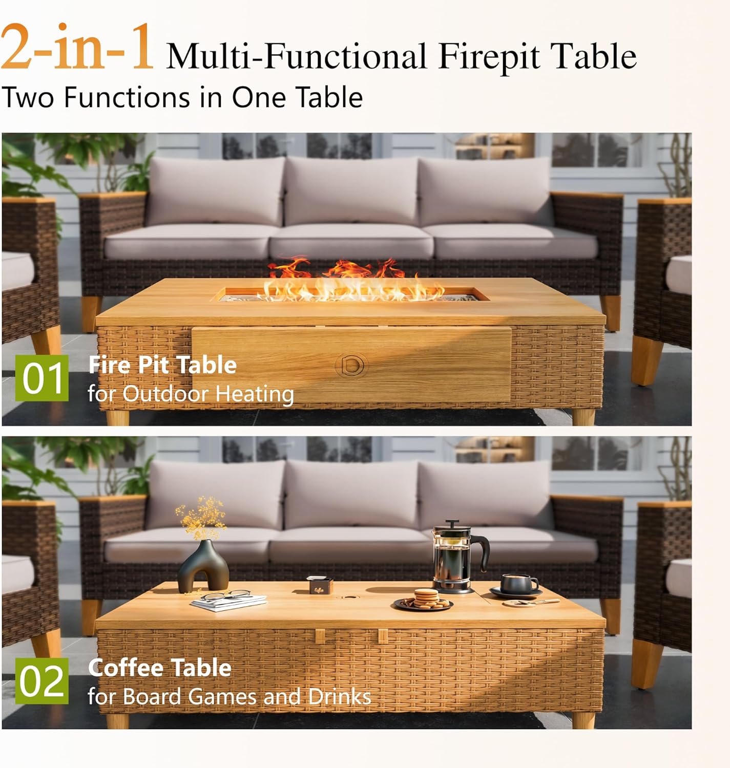 Sophia & William 42 Inch Outdoor Propane Gas Fire Pit Table Patio Rattan Rectangular Fire Table with Tank Cover Table, 50,000 BTU Firepit Table for Outside Patio with Fire Glass, Lid
