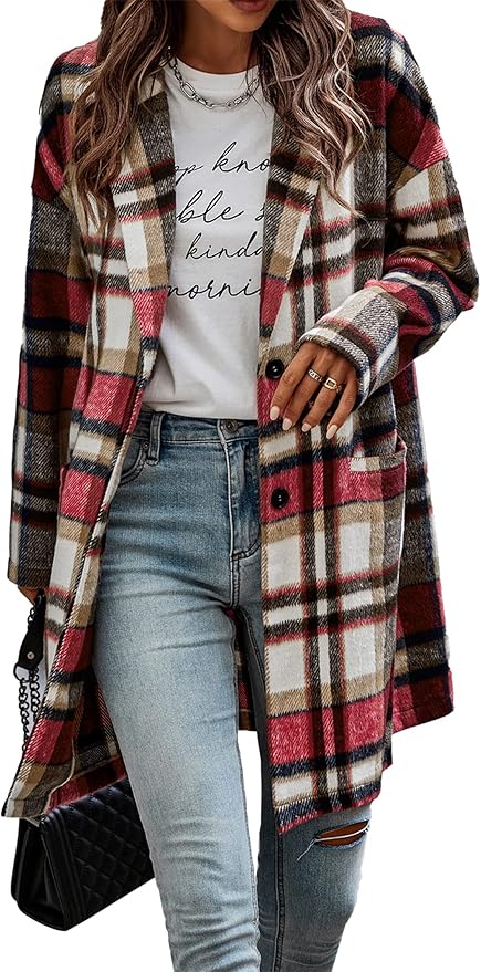 PRETTYGARDEN Women Plaid Shacket Jacket Trendy Fall Casual Button Wool Blend Tartan Trench Coat Winter Clothing with Pockets