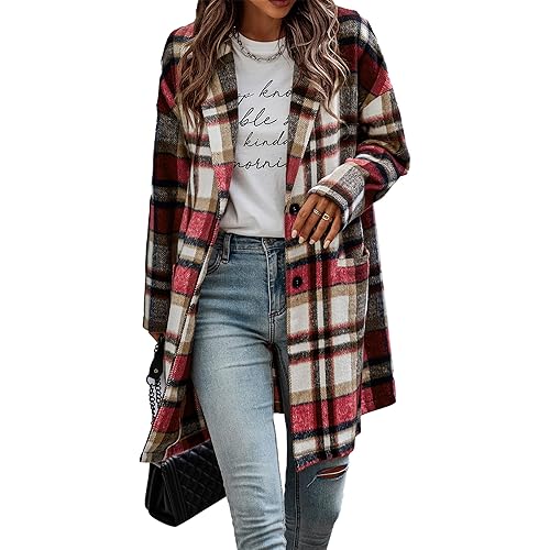 PRETTYGARDEN Women's 2024 Plaid Shacket Jacket Casual Button Wool Blend Winter Tartan Trench Coat With Pockets
