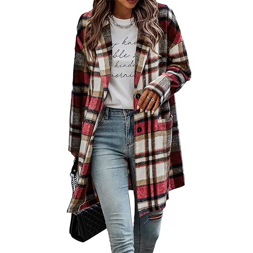 PRETTYGARDEN Women's 2023 Plaid Shacket Jacket Casual Button Wool Blend Winter Tartan Trench Coat With Pockets (Red,Medium)