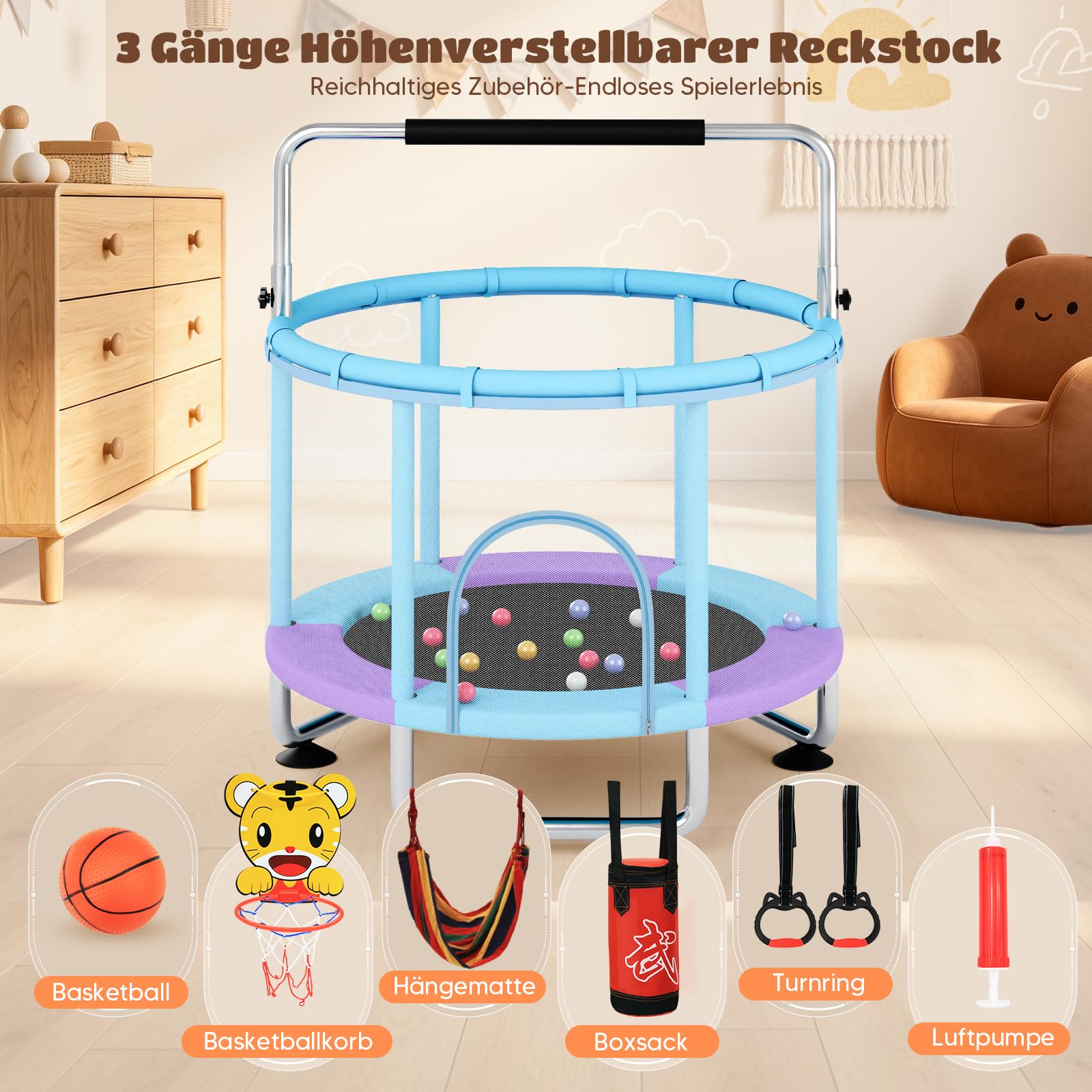Kindertrampolin 150cm mit Sicherheitsnetz 250KG Belastbar, Trampolin Kinder Indoor Outdoor mit Verstellbares Turnstange, Haltestange, Basketballkorb, Schaukel, Boxsack und Bällen