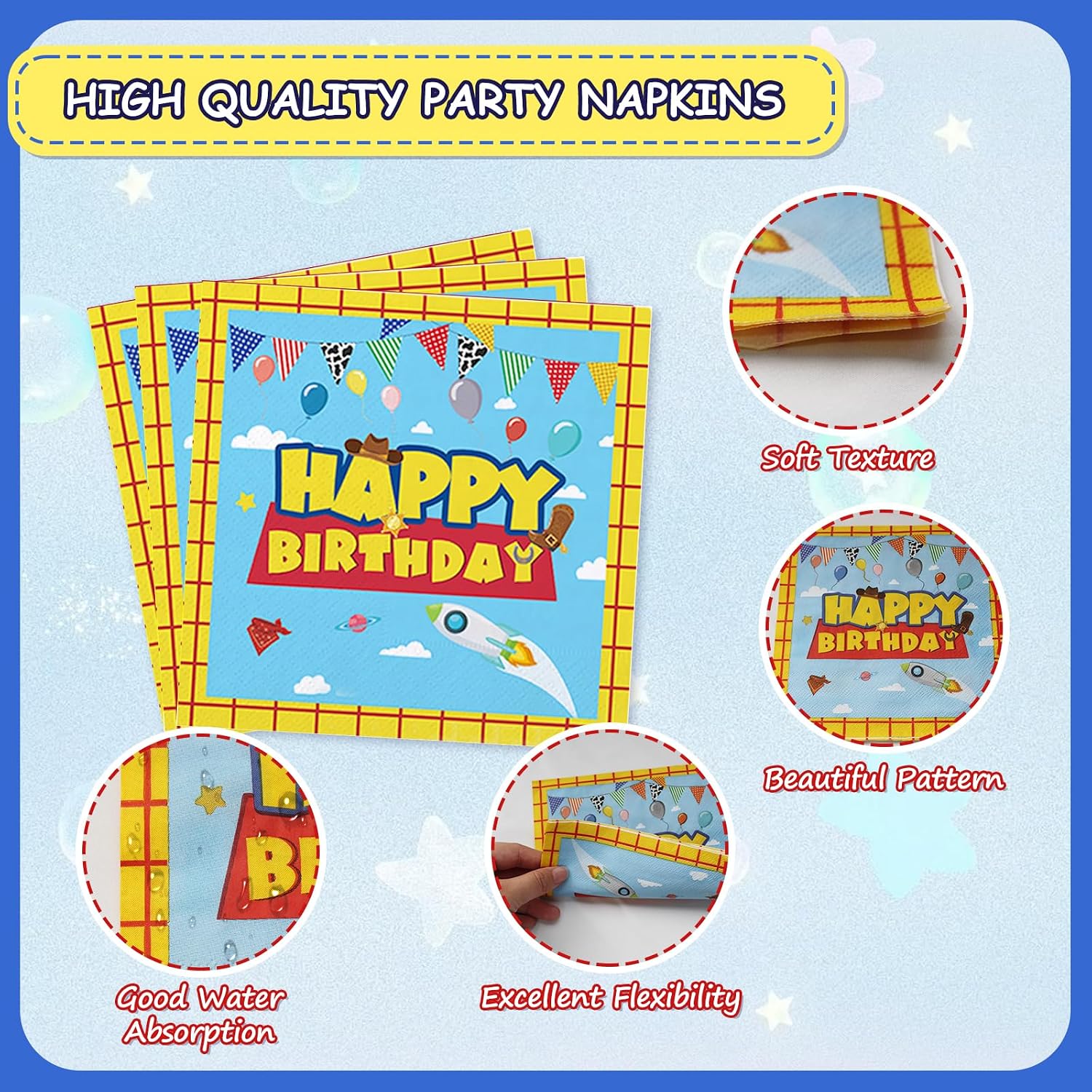 Meiqi 192Pcs Cartoon Kids Party Plates Set - 24 Each 7" 9" Plates, Cups, Napkins, Forks, Knives, Spoons & Straws - Disposable Tableware for 24 Guests - Fun Cowboy & Cloud Designs Birthday Supplies