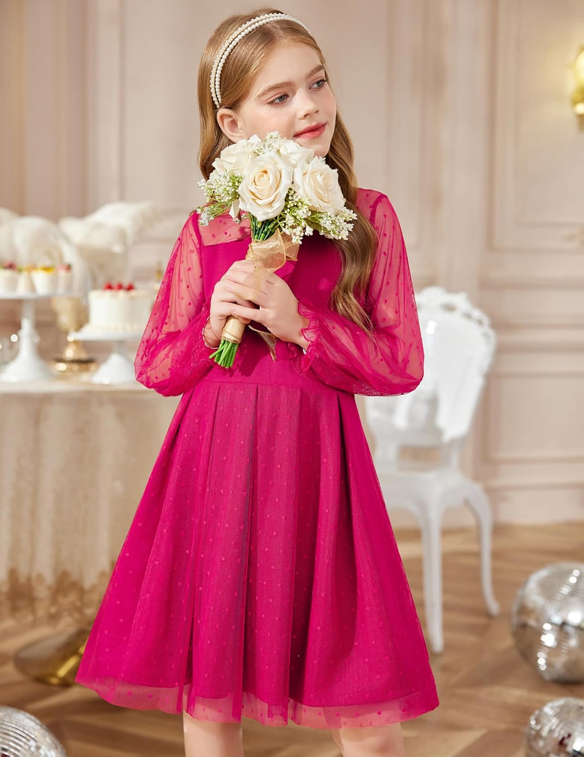 Arshiner Girls Dresses Contrast Mesh Puff Long Sleeve Mock Neck Formal Party A Line Short Tulle Dress - Image 3