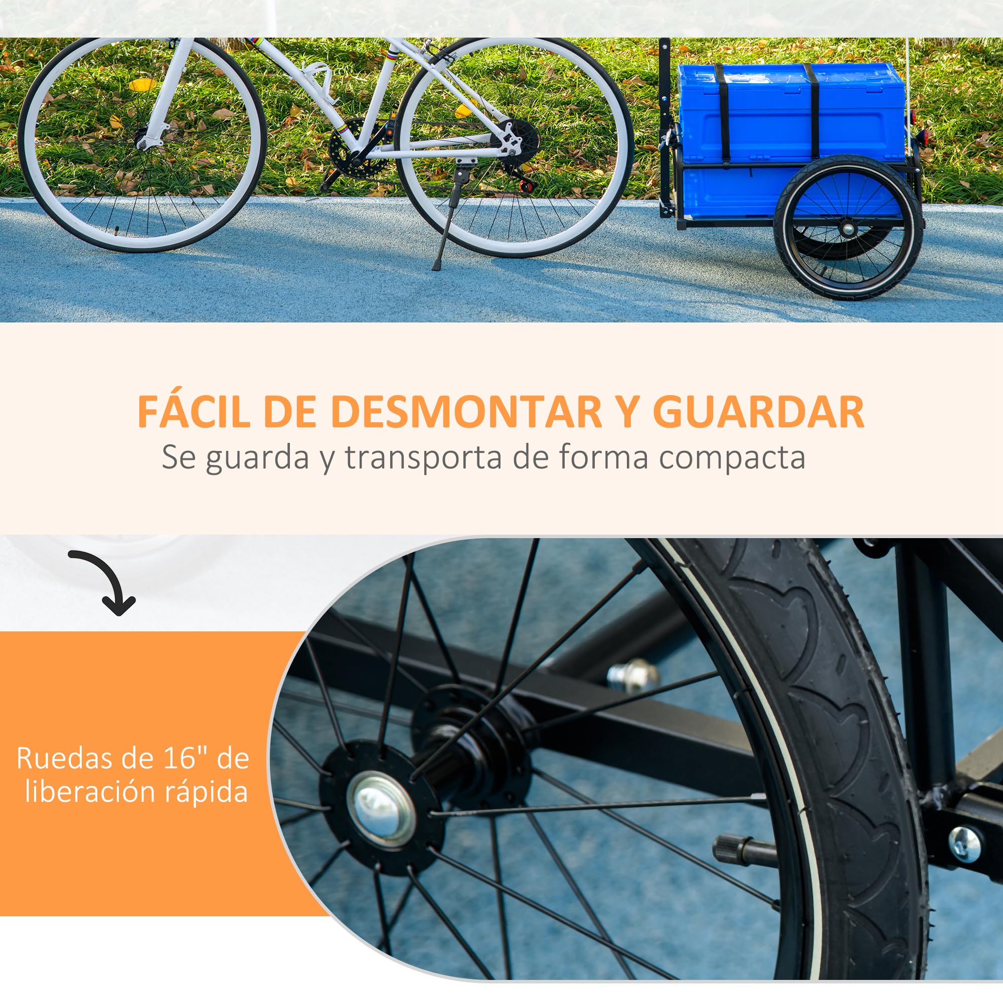 HOMCOM Remolque para Bicicleta de Carga 65 L Remolque para Bici Carro para Bicicleta con Mango Ajustable Caja de Almacenamiento Plegable y Reflectores Seguros Carga 40 kg Azul