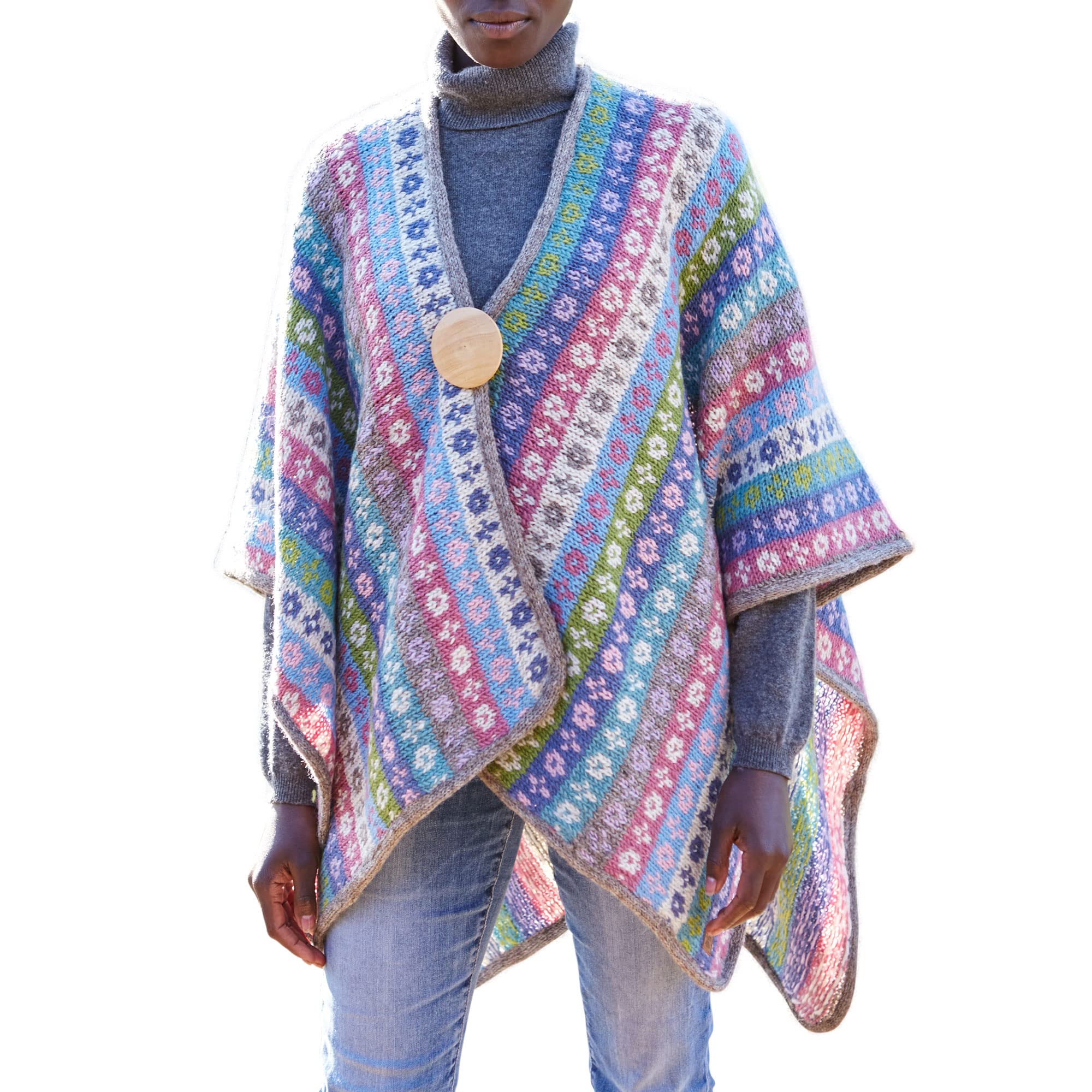Pachamama Women Wool Wrap Handknitted Fair Isle Stripe Design Pastel Blue One Size Handmade Winter Thermal Extra Warm Shawl Cape Fair Trade