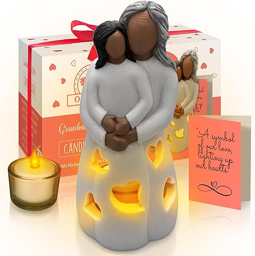 Estatua de Portavelas Pintada a Mano Abuela-Nieta con Vela LED Parpadeante | Ideas Únicas de Regalo de Nana para Navidad, Regalo de Cumpleaños de