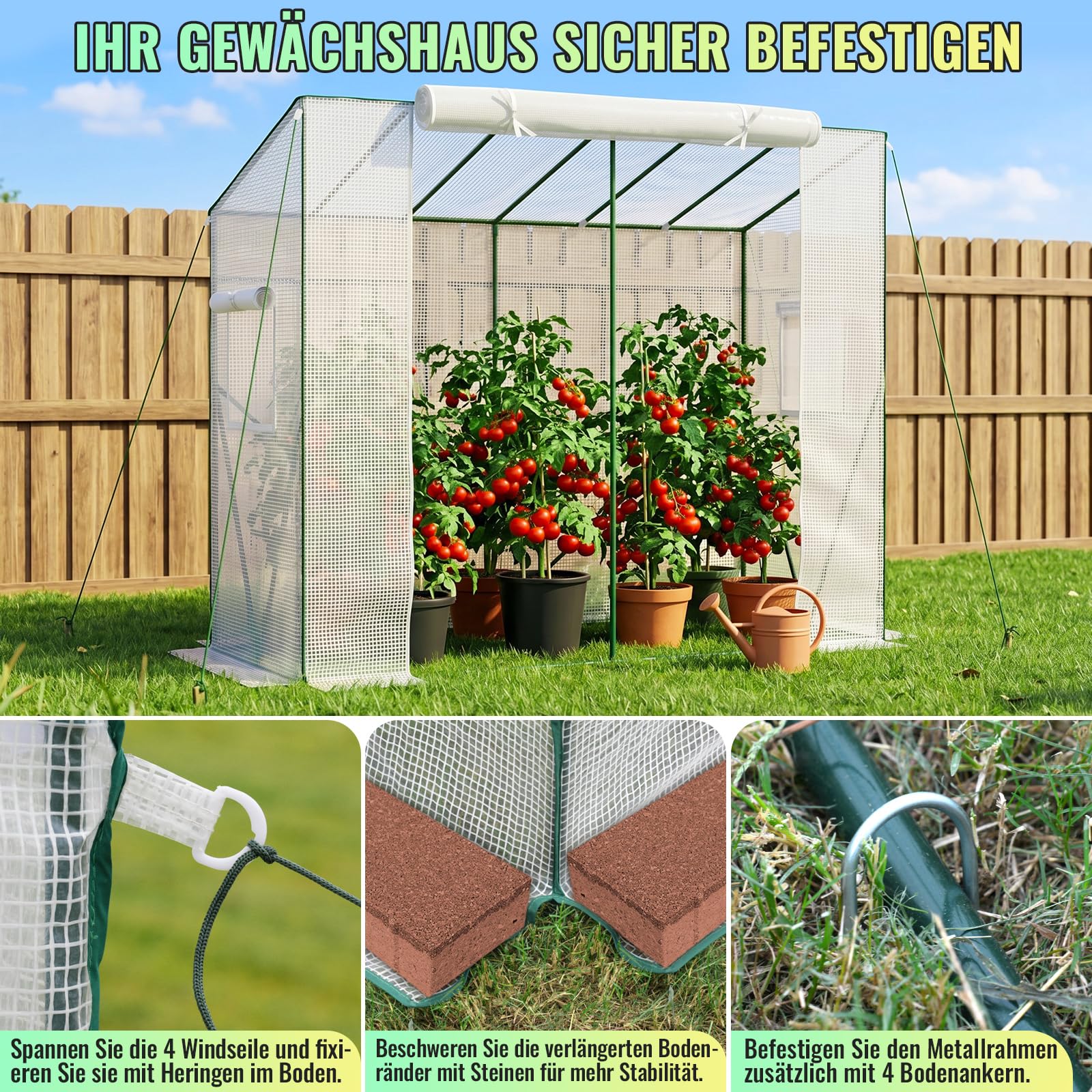 Velway Gewächshaus Tomatengewächshaus Begehbares 200x79x170/141cm | Witterungsschutz Schrägdach Foliengewächshaus, PE Gitterfolie 2 Belüftungsfenster für Balkon Garten Tomaten Gurken Paprika