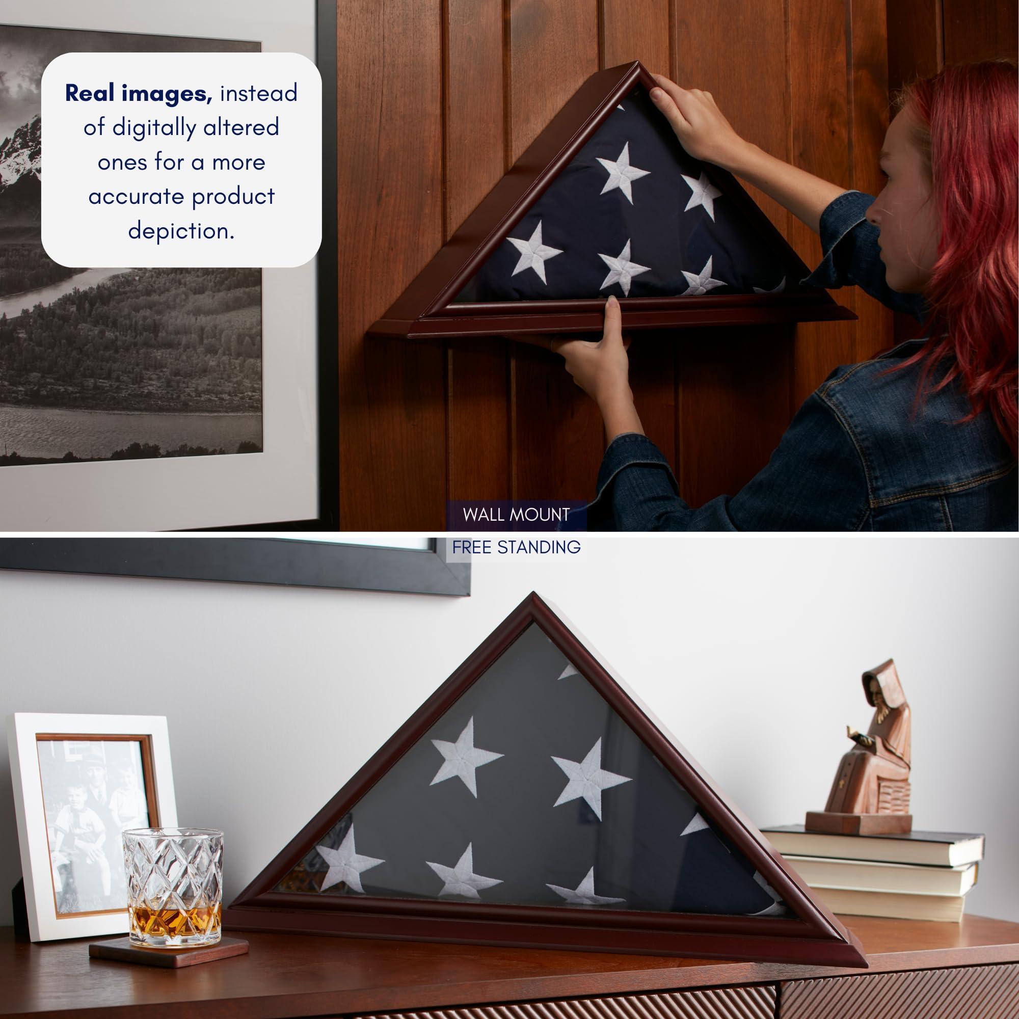 Military Flag Display Case For Burial Flag - Solid Wood, Real Glass Front, Wall Mount, Fits 5'x9.5' Flag, Brown - View #6