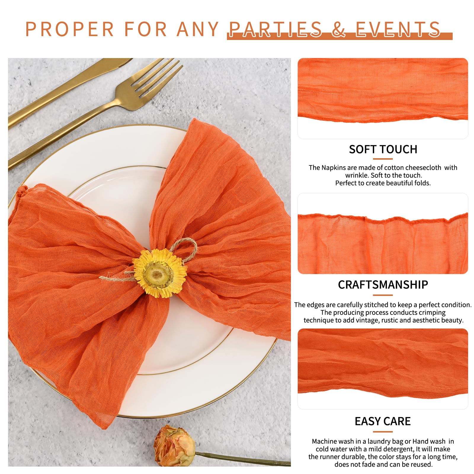 42 Pack Gaze-Käsetuch-Servietten Orange 50 x 50 cm Gebranntes Orange geknitterte Dinner-Servietten, rustikale Boho weiche Stoffservietten für Hochzeit Party Event Tischdekoration