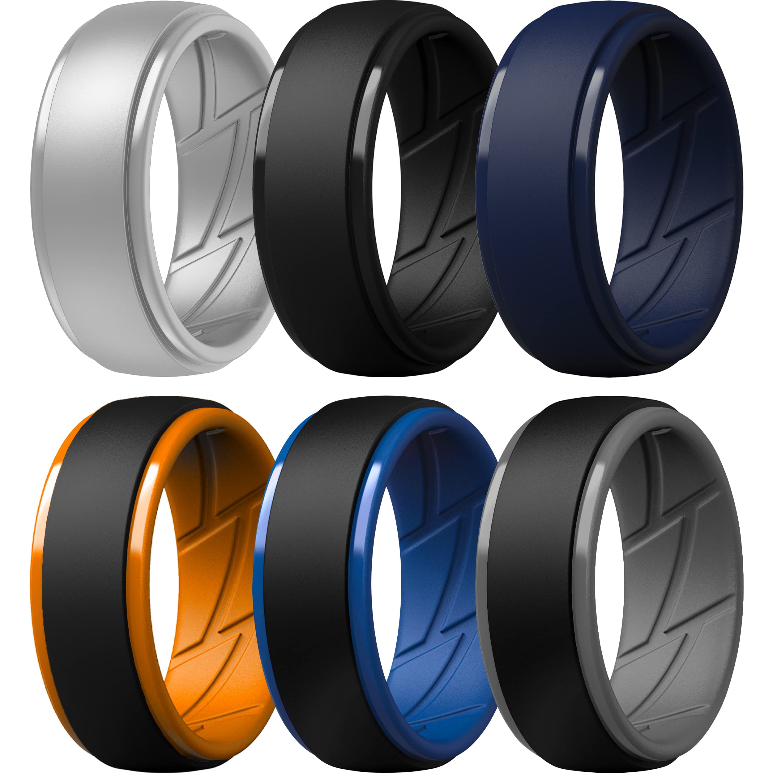 ThunderFit Silicone Rings for Men, Breathable Air Flow Grooves Rubber Wedding Bands 10mm Wide 2.5mm Thick - 1/2/3/4/5/6/7 Variety Multipack