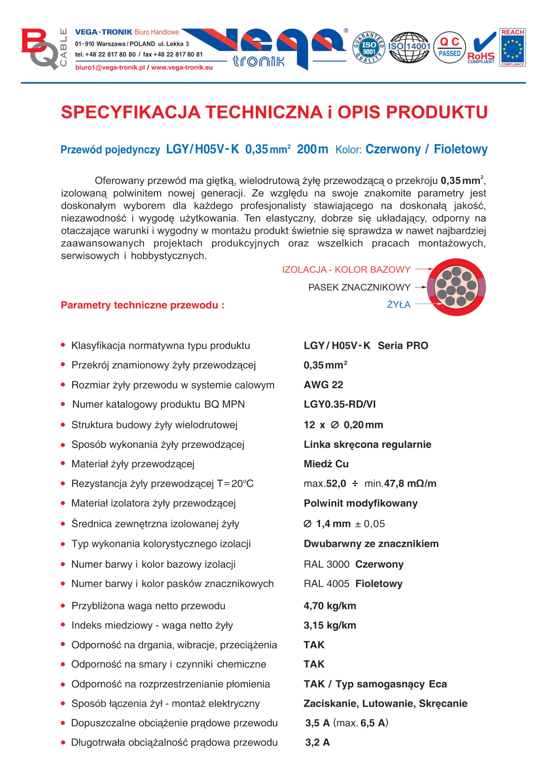 Przewód pojedynczy LGY/ H05V- K 0,35 mm2 200 m Kolor: czerwony/fioletowy