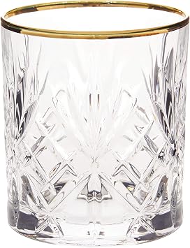 Lorren Home Trends Siena Collection Crystal Double Old Fashion Beverage Glass with Gold Band Design, Set of 4,10 FL OZ