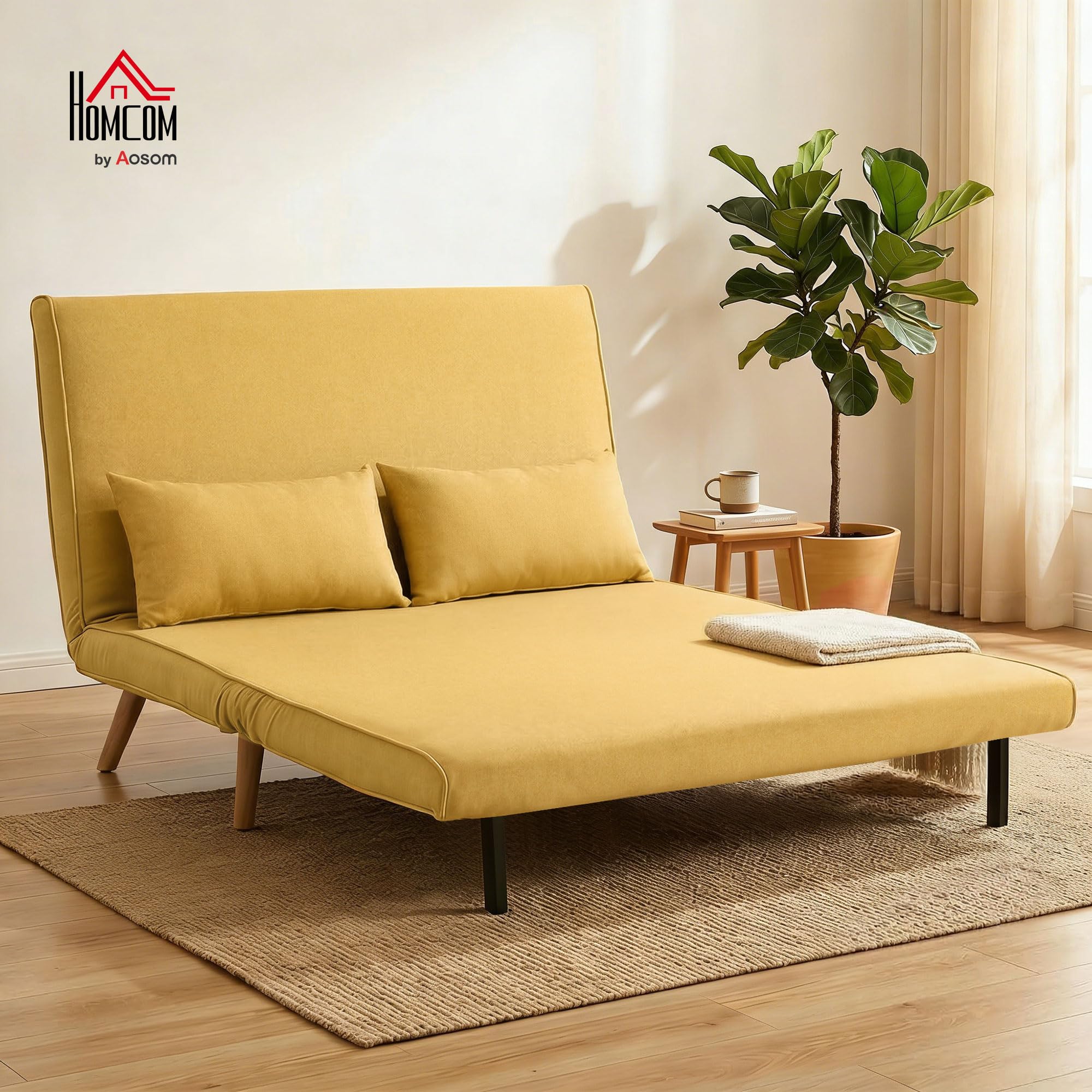 HOMCOM Sofá Cama de 2 Plazas Plegable 3 en 1, Sofá Cama, Tapizado en Lino, con Respaldo Ajustable 5 Posiciones, 2 Almohadas, para Dormitorio, Salón, Amarillo