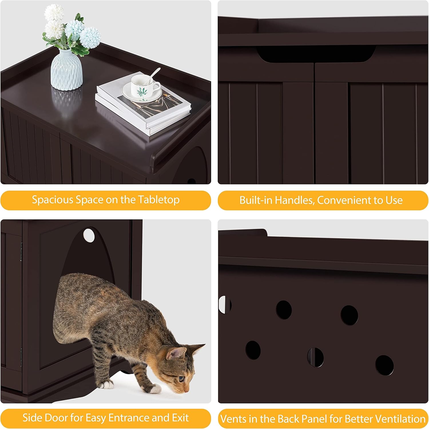 Topeakmart Wooden Cat Litter Box Enclosure, Hidden Cat Washroom Furniture Decorative Litter Box Kitty Play House, Storage Bench Pet Side Table Indoor House w/Removable Divider