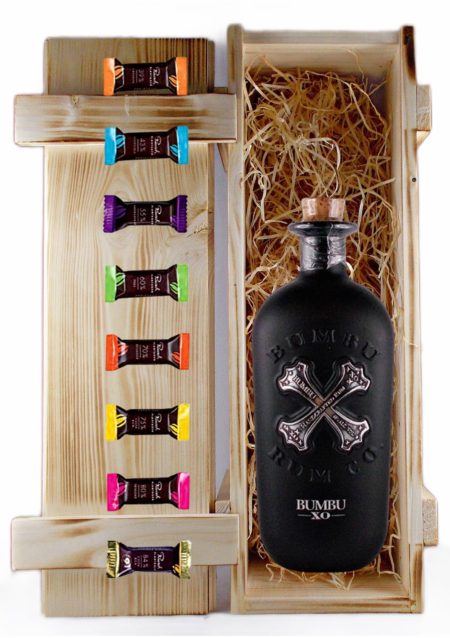Bumbu XO 18 Jahre Rum + 8 Edelschokoladen in 8 Sorten Geschenk in Holzkiste Geschenkset Männergeschenke