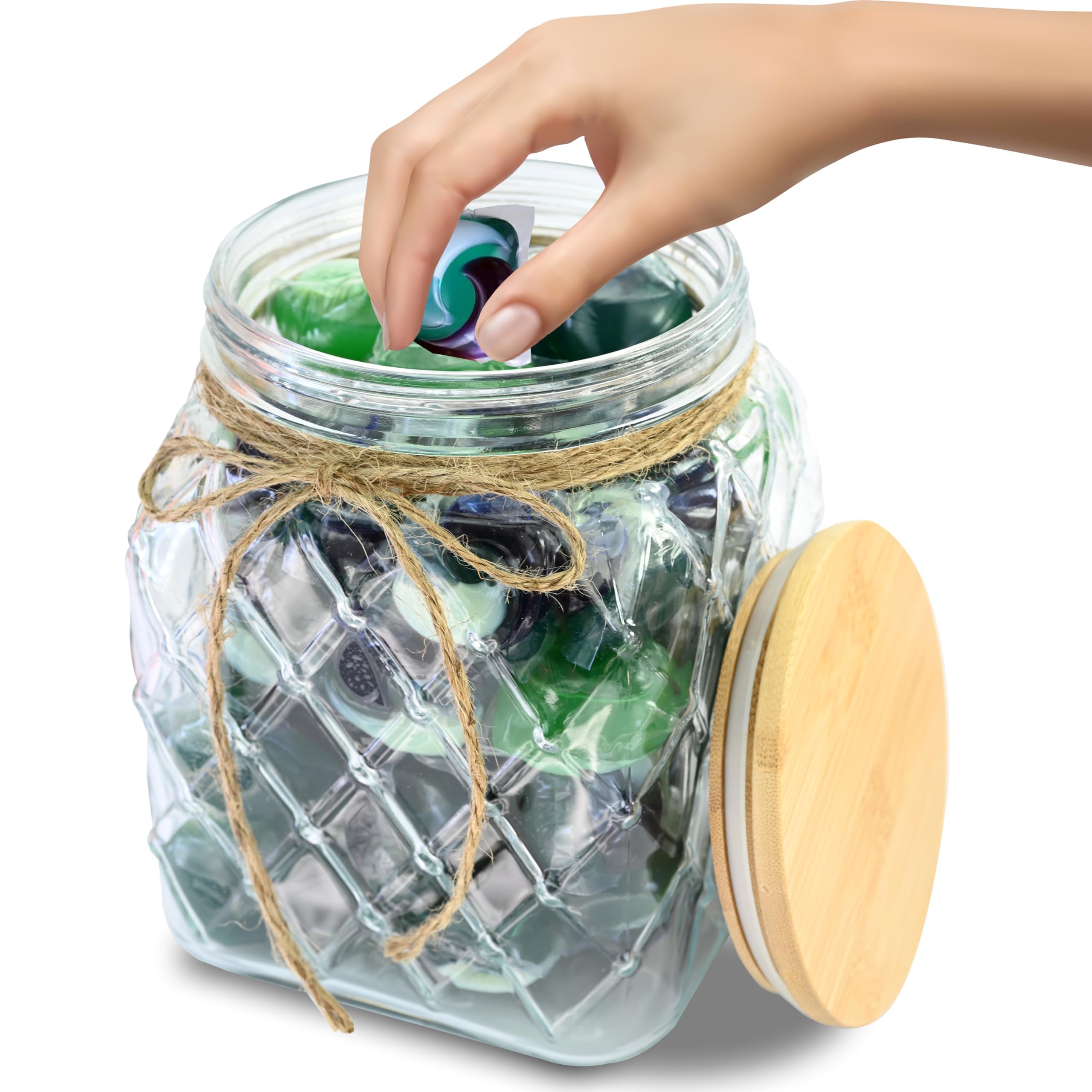 Skywin TidyFriend Glass Laundry Pods Container, Laundry Containers with Lid, Laundry Room Organization Jars, Dishwasher Pods Container, Laundry Jars (Clear) (Jar with Ropes and Wooden Lid)