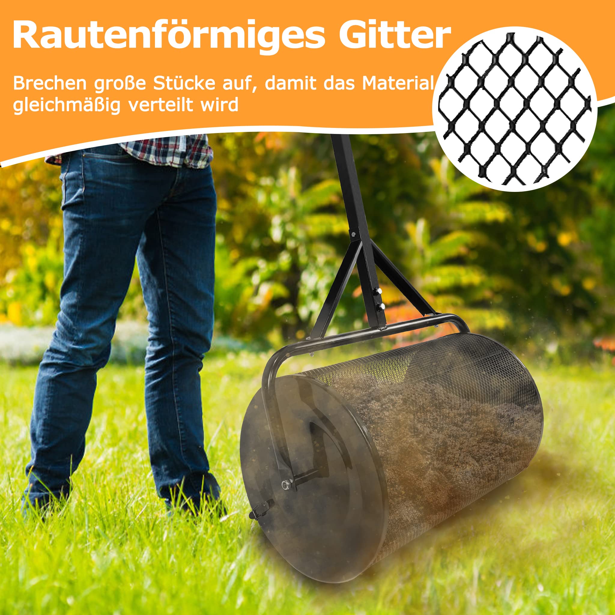 UISEBRT Kompoststreuer 80L Rasen- und Gartenstreuer mit Griff, 65cm Breit Kompost-Streuer und Torfmoos-Streuer mit Mesh-Korb Saatgutstreuer für Kompost Dünger Saat Torf, Schwarz