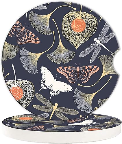 Ginkgo - Posavasos de automóvil con diseño de hojas para portavasos, paquete de 2 posavasos de cerámica absorbente vintage floral para mujeres y