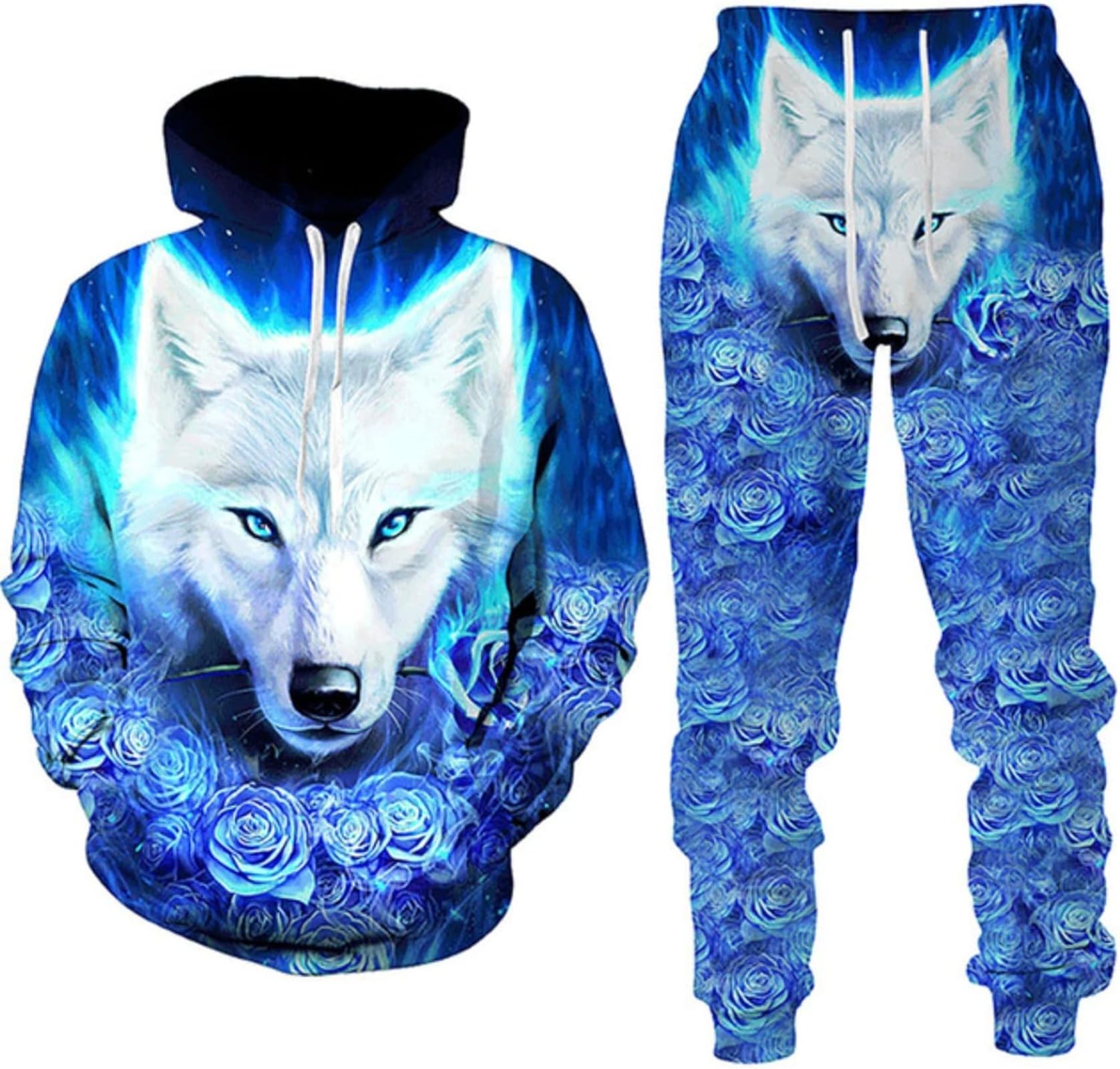 hiegi 3D Wolf Men's Tracksuit, Hoodies+Long Trousers, Jogging Suit, 2-Piece Set for Men, 4XL