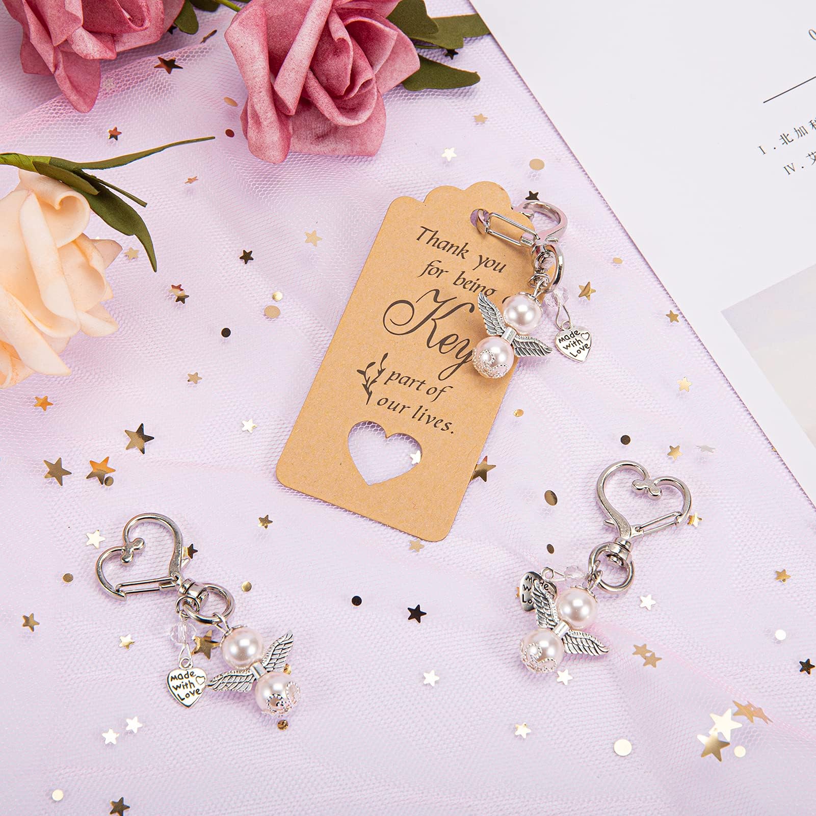 Bomboniere Portachiavi Angelo Custode 20 pezzi con sacchetti in seta e bigliettini 'Grazie' per Matrimonio, Battesimo, Comunione, Baby Shower, Compleanno – Regalo ospiti e decorazione festa –