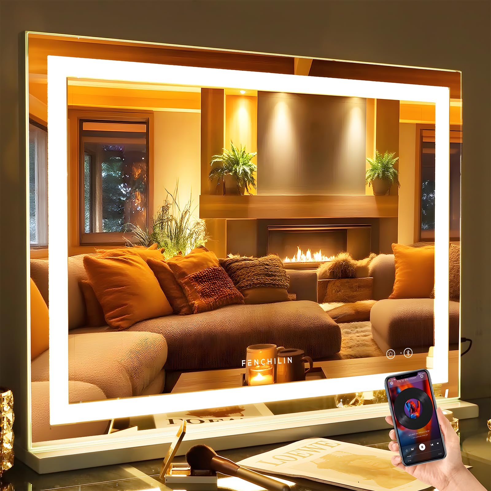 FENCHILIN Hollywood Mirror with Lights 80x60 cm Vanity Makeup Mirror with Lights LED Lightstrip USB Port 3 Lighting Modes 10x Magnifying Glass Touchscreen for Dressing Table